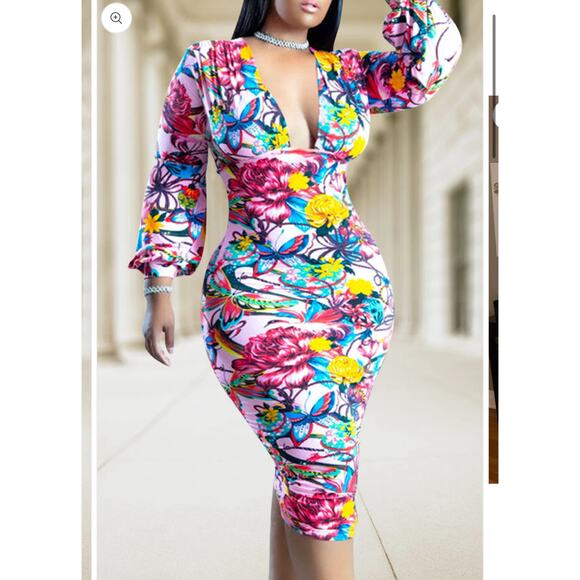 Plus Size All Over Print Front Pleated Bodycon Midi Dress size 2XL - Picture 1 of 6